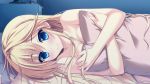  1girl ameto_yuki bare_shoulders bed blonde_hair blue_eyes blush breast_press breasts female game_cg highres konno_arisa large_breasts long_hair looking_at_viewer lying nude on_side pillow pillow_grab pure_x_connect smile solo 