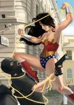  1girl amazon black_hair boots dc_comics gun lasso lasso_of_truth leotard mask red_shoes shoes star star_print tiara weapon wonder_woman wonder_woman_(series) 