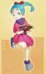  1girl blue_eyes blue_hair bulma dragon_ball dress female gloves hair_ornament hair_ribbon lord_philman one_eye_closed pink_dress ponytail ribbon scarf shoes simple_background smile sneakers solo 