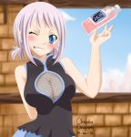  1girl absurdres arm_behind_back artist_request blue_eyes blush breasts dress fairy_tail female happy highres large_breasts lisanna_strauss looking_at_viewer one_arm_up one_eye_closed parted_lips short_hair silver_hair solo standing wink 