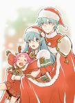  1boy 2girls akina_(akn_646) antlers aqua_eyes aqua_hair bell bow brother_and_sister brown_gloves cape closed_mouth dress eirika ephraim fa facial_mark fire_emblem fire_emblem:_fuuin_no_tsurugi fire_emblem:_seima_no_kouseki fire_emblem_heroes forehead_mark fur_trim gloves hat hug hug_from_behind long_sleeves mamkute multiple_girls nintendo open_mouth outstretched_arms pom_pom_(clothes) purple_hair red_gloves red_hat reindeer_antlers santa_costume short_hair siblings smile spread_arms 