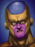  1boy alien biting bloodshot_eyes creepy dragon_ball dragonball_z frieza gold_armor golden_frieza gradient gradient_background lip_biting male_focus neck no_humans purple_skin realistic red_eyes solo 