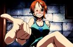  breasts brown_eyes cleavage large_breasts legs_crossed nami_(one_piece) one_eye_closed one_piece orange_hair point short_hair smile tank_top wink 