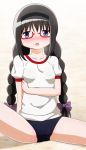  1girl akemi_homura blush cadsensei glasses gradient gradient_background gym_uniform hair_ornament hairband long_hair looking_at_viewer mahou_shoujo_madoka_magica open_mouth outdoors red-framed_glasses shirt short_sleeves sitting solo sweat twin_braids violet_eyes 