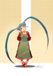  1girl apron blue_hair dress female gradient gradient_background hair_bobbles hair_ornament lord_philman masaki_sasami_jurai one_eye_closed pink_eyes sandals shadow smile solo tenchi_muyou! twintails very_long_hair 