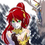  1boy 1girl armor bare_shoulders blonde_hair breasts choker cleavage clenched_hand corset death_note gloves green_eyes grin hair_between_eyes iesupa jaune_arc jewelry just_as_planned long_hair naughty_face pants parody ponytail pyrrha_nikos redhead rwby short_hair smile spear strapless tiara tree upper_body 