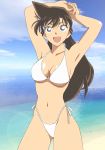  1girl beach bikini blue_eyes blush breasts brown_hair highres long_hair meitantei_conan mouri_ran navel open_mouth smile solo standing swimsuit water 