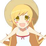  1girl blonde_hair blush_stickers child fang female flat_chest hat looking_at_viewer md5_mismatch monogatari_(series) onatasan oshino_shinobu simple_background smile solo yellow_eyes 