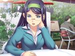 1girl adjusting_hair blue_eyes blue_hair breasts chair collarbone game_cg glasses hairband highres long_hair looking_at_viewer open_mouth plant restaurant serious sitting small_breasts solo_focus suit suzuki_mei table talking urawaza_spectrum 
