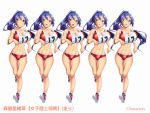  1girl blue_hair blush bouncing_breasts breasts brown_eyes character_name cleavage feet game_cg highres huge_breasts legs long_hair looking_at_viewer midriff navel open_mouth play!_play!_play!_shi ponytail running saliva shoes simple_background sneakers sports_bra standing thighs wazakita white_background 