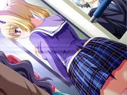  1girl blonde_hair game_cg manin_densha manin_densha_2 nanase_yuzu school_uniform skirt thigh-highs train train_interior violet_eyes zettai_ryouiki 