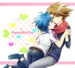  2boys ahoge ass belt birthday blue_eyes blue_hair blush brown_eyes brown_hair cardfight!!_vanguard denim from_behind hand_holding happy_birthday interlocked_fingers jeans kai_toshiki male_focus multiple_boys pants sendou_aichi shoes short_hair simple_background smile sneakers yaoi yuratoko 