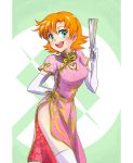  1girl breasts chinese_clothes cleavage_cutout elbow_gloves fan female gloves gradient gradient_background green_eyes heart heart_cutout iesupa md5_mismatch nora_valkyrie orange_hair rwby short_hair smile solo thigh-highs 