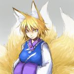  1girl animal_ears blonde_hair dress fox_ears fox_tail gradient gradient_background grey_background hands_in_sleeves long_sleeves looking_at_viewer multiple_tails no_hat smile solo tabard tail touhou ura_(05131) white_dress wide_sleeves yakumo_ran yellow_eyes 