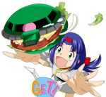  1girl blue_hair cheese food green_eyes gundam gundam_lost_war_chronicles hamburger lettuce may_cowin military military_uniform simple_background tears uniform what zaku zaku_ii 