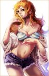  1girl artist_request blonde_hair breasts cleavage long_hair looking_at_viewer nami_(one_piece) navel one_piece parted_lips red_eyes shounen_jump simple_background solo 