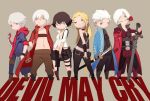  2girls 4boys akumey black_hair blonde_hair chibi choker claws cravat curtained_hair dante_(devil_may_cry) devil_may_cry devil_may_cry_3 devil_may_cry_4 dual_persona everyone flower glowing glowing_hand gun hood hoodie jacket katana lady_(devil_may_cry) midriff mouth_hold multiple_boys multiple_girls nero_(devil_may_cry) open_collar rose simple_background skirt sword trish_(devil_may_cry) vergil weapon white_hair 