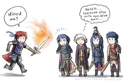  1girl 5boys blue_hair english father_and_daughter fire fire_emblem fire_emblem:_akatsuki_no_megami fire_emblem:_fuuin_no_tsurugi fire_emblem:_kakusei ike_(fire_emblem) krom krom_(fire_emblem) lucina lucina_(fire_emblem) marth_(fire_emblem) multiple_boys my_unit my_unit_(fire_emblem:_kakusei) nintendo redhead roy_(fire_emblem) simple_background smile super_smash_bros. sword tagme weapon white_hair |_| 