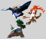  absurdres blue_eyes claws commentary_request empoleon fire grey_background highres infernape kochi8i open_mouth pokemon pokemon_(creature) simple_background spikes standing tongue torterra 