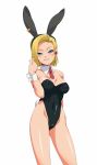  1girl android_18 blonde_hair blue_eyes blush breasts bunnysuit cuffs dragon_ball dragonball_z earrings erect_nipples grin jewelry kyosu looking_at_viewer simple_background smile solo 