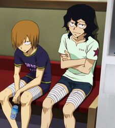  2boys aoyagi_hajime bandage black_hair bottle brown_hair hair_over_one_eye looking_at_viewer multiple_boys screencap sitting stitched teshima_junta yowamushi_pedal 