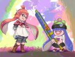  2girls beanie crossover domino_mask dragon_quest dragon_quest_x fang final_fantasy final_fantasy_xiv fusion grin hat inkling lalafell lavender_eyes mask multiple_girls paint_roller pointy_ears puklipo skirt smile splatoon tentacle_hair 