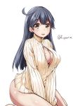  1girl ahoge black_hair blush breasts brown_eyes cleavage female fuyu_mi kantai_collection large_breasts long_hair looking_at_viewer open-chest_sweater open_mouth simple_background sitting solo sweater ushio_(kantai_collection) zipper 