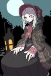  1girl artist_request bloodborne bonnet doll_joints dress eyelashes flower hair_flower hair_ornament lantern looking_at_viewer moon plain_doll poncho silver_hair solo tree 