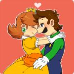 1boy 1girl blue_eyes blush brown_hair couple crown gloves hetero hug jewelry luigi nintendo princess_daisy simple_background super_mario_bros. super_mario_land