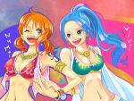  2girls ;d alabasta bare_shoulders blue_hair bracelet breasts earrings gradient gradient_background himerinco jewelry log_pose long_hair midriff multiple_girls nami_(one_piece) navel nefertari_vivi one_eye_closed one_piece open_mouth orange_hair princess smile tattoo wink 