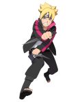  1boy blonde_hair blue_eyes boruto:_the_movie child dual_wielding forehead_protector full_body high_collar jacket jewelry kunai looking_at_viewer naruto necklace official_art open_clothes open_jacket simple_background solo spiky_hair toeless_legwear uzumaki_boruto weapon whiskers 