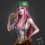 breasts food gradient gradient_background jewelry_bonney lipstick lt makeup midriff nail_polish one_piece piercing pink_hair pizza supernova tagme violet_eyes 