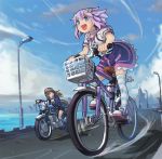  2girls :&lt; bicycle blue_eyes boots brown_hair choujigen_game_neptune coat compile_heart d-pad dress ground_vehicle hair_ornament hairclip helmet idea_factory if_(choujigen_game_neptune) long_hair motor_vehicle motorcycle multiple_girls neptune_(choujigen_game_neptune) neptune_(series) open_mouth purple_hair segamark shoes smile sneakers striped striped_legwear thigh-highs 