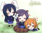  3girls animal_ears athyra blue_hair chibi closed_eyes gradient gradient_background hoshizora_rin kemonomimi_mode long_hair love_live! love_live!_school_idol_project multiple_girls orange_hair purple_hair rabbit_ears short_hair smile sonoda_umi tail toujou_nozomi twintails 