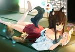  animal animal_ears barefoot book breasts brown_eyes brown_hair cleavage fox long_hair magic nasubi_(fian0202) original tail 