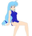  1girl 90s absurdres aqua_hair arm_support breasts dress earrings female hat highres hips jewelry legs long_hair no_panties photoshop short_dress simple_background sitting smile solo stewardess tenjouin_katsura thighs vector_trace violet_eyes yat_anshin_uchuu_ryokou 