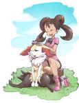  10s 1girl artist_request bag blue_hair braixen brown_hair brushing closed_eyes dark_skin field gradient gradient_background grass hair_brush handbag happy pokemon pokemon_(game) pokemon_xy sana_(pokemon) short_shorts shorts sitting tree_stump 