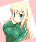  1girl blonde_hair blue_eyes blush breasts hair_ornament kazami_ruku long_hair looking_at_viewer senran_kagura senran_kagura_(series) simple_background smile solo tagme upper_body yomi_(senran_kagura) 