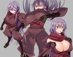  1girl bare_shoulders breasts dragon_yukano gloves grey_background huge_breasts japanese_clothes large_breasts long_hair ninja ninja_slayer open_mouth purple_hair scarf simple_background sweat takara_joney vambraces very_long_hair violet_eyes weapon 