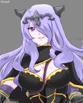  1girl armor between_breasts breasts camilla_(fire_emblem_if) circlet cleavage elbow_gloves fire_emblem fire_emblem_if gauntlets gloves grey_background hair_over_one_eye long_hair open_mouth purple_hair see-through simple_background solo strap strap_cleavage twitter_username violet_eyes 