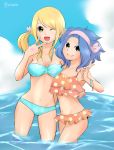  2girls akane_(tpaknwt) bikini blonde_hair blue_hair breasts fairy_tail female large_breasts levy_mcgarden looking_at_viewer lucy_heartfilia multiple_girls small_breasts swimsuit 