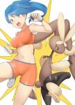  10s 2girls battle_girl_(pokemon) bike_shorts blue_eyes blue_hair female lopunny mega_lopunny mega_pokemon midriff multiple_girls navel npc_trainer pokemon pokemon_(game) pokemon_oras shoes sneakers tank_top tsuchifumazu 