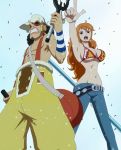  1boy 1girl bare_shoulders bikini_top black_hair breasts clima-tact facial_hair goatee goggles gradient gradient_background long_hair nami_(one_piece) navel one_piece open_mouth orange_hair pointing punk_hazard screencap standing stitched suspenders usopp 