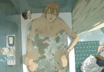  1boy bathing bathroom bathtub curtains light_brown_hair male_focus nude open_mouth sitting soap solo water 