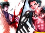  2boys abs black_hair dressrosa fight glare gradient gradient_background injury male_focus monkey_d_luffy multiple_boys one_piece scar trafalgar_law 