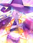  1girl blue_hair blush cape cloak drawcia euphori_cat face_mask gloves gradient gradient_background hat heart jewelry kirby_(series) laughing long_hair mask midriff paintbrush personification purple_skin scarf sparkle witch yellow_eyes 