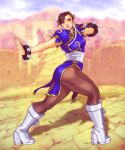  1girl black_hair boots bun_cover capcom chinese_clothes chun-li double_bun eddie_holly eyeshadow fighting_stance full_body high_heel_boots high_heels lipstick looking_at_viewer makeup pantyhose smile solo spiked_bracelet street_fighter thigh_boots 