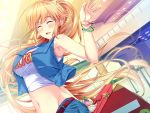  1girl anna_belmonte armpits belt blonde_hair blush breasts closed_eyes female game_cg happy highres jacket large_breasts long_hair luggage marushin_(denwa0214) midriff mole navel open_mouth ponytail shorts smile solo standing supokon!_sports_wear_complex very_long_hair 