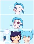  3girls ahri baby blue_hair comic diaper jinx_(league_of_legends) league_of_legends milk multiple_girls pink_eyes simple_background sona_buvelle tattoo younger 