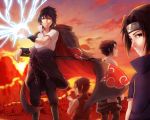  1boy age_progression arm_warmers artist_request bangs black_eyes black_hair child cloak crest electricity family_crest forehead_protector from_behind high_collar highres looking_at_viewer looking_back naruto naruto_shippuuden red_eyes sky smile spiky_hair standing sunset sword uchiha_sasuke wind 